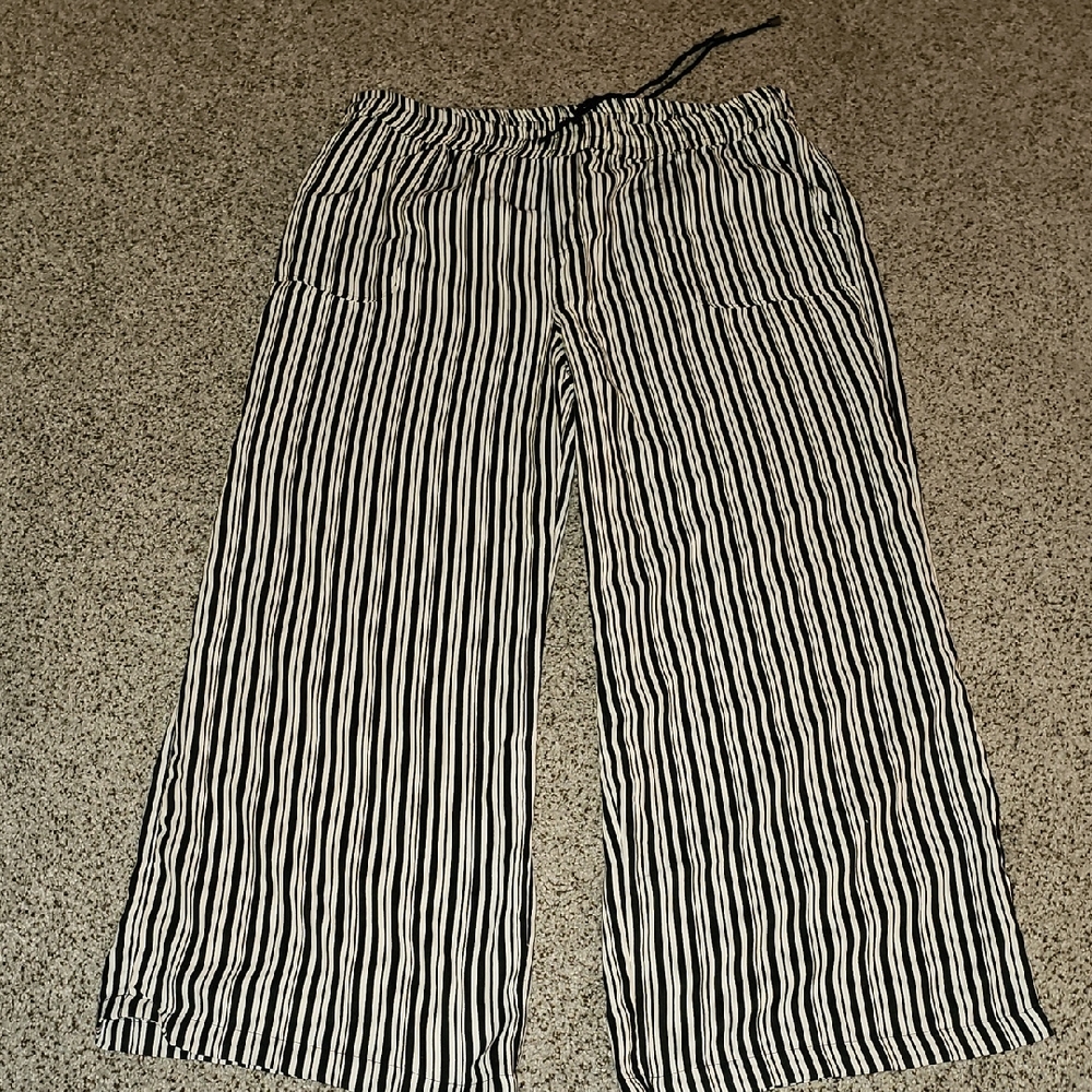 French Laundry Monochrome Black White Striped Wide Leg Twill Pants 2x